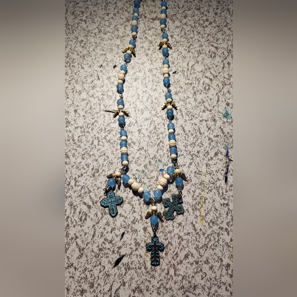 Western Blue and Wood Beaded Cross Necklace